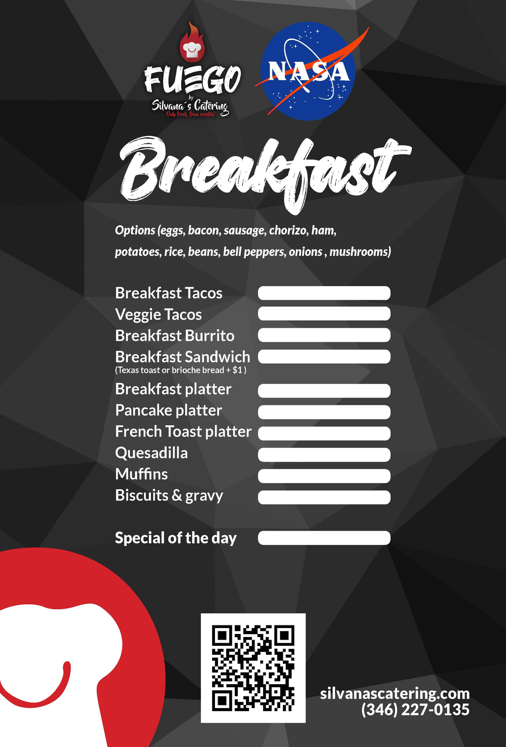 A breakfast menu from Fuego Silvana's Catering with a NASA logo.